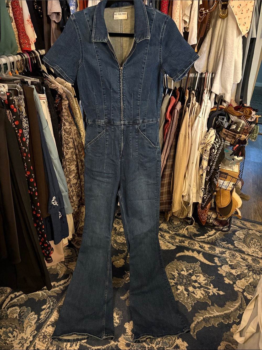 We The Free Blue Denim Zip-Front Flare Jumpsuit